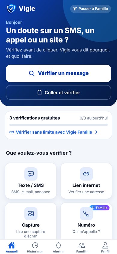 Écran d'accueil de Vigie : vérifier un message
